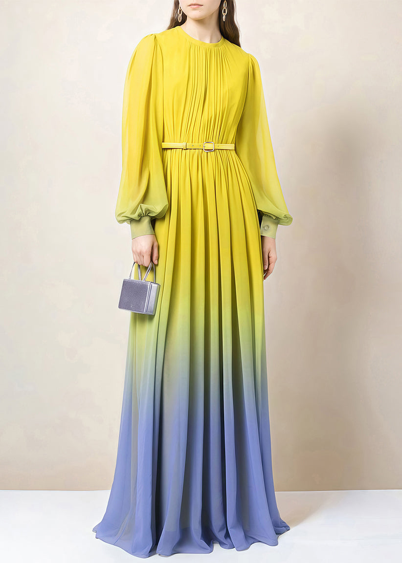 Dress Fall Button Chiffon Gradient Wrinkled Color Ankle Italian FashionChic