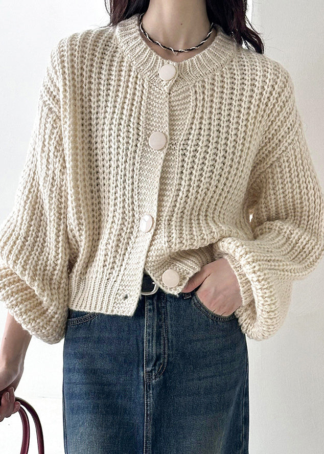 Beige Button Cotton Knit Cardigan O Neck Long Sleeve AF1035 HS-NCT240914