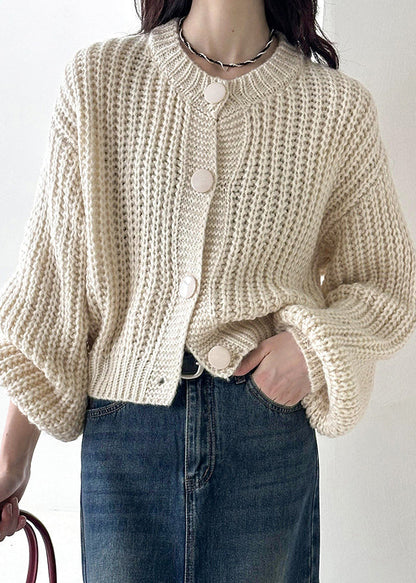 Beige Button Cotton Knit Cardigan O Neck Long Sleeve AF1035 HS-NCT240914