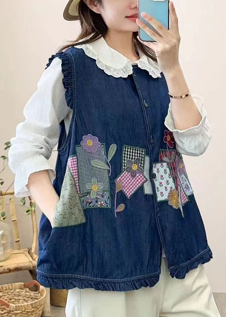 Cute Navy Embroidered Patchwork Button Waistcoat Sleeveless NN038 shopify