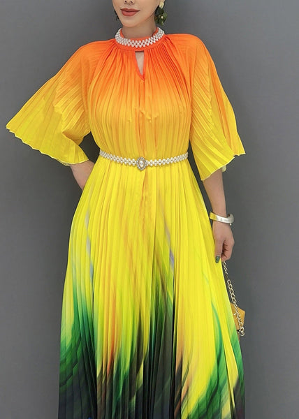 2024 Summer Fashion Orange Yellow Color Blocked Long Pleated Dress AO1020 JDML-SDL240909