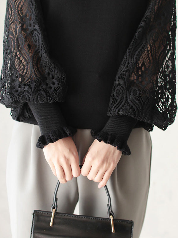 Tempermant Black Round-Neck Patchwork Hollow Lace Long Puff Sleeves Sweater QX011 shopify