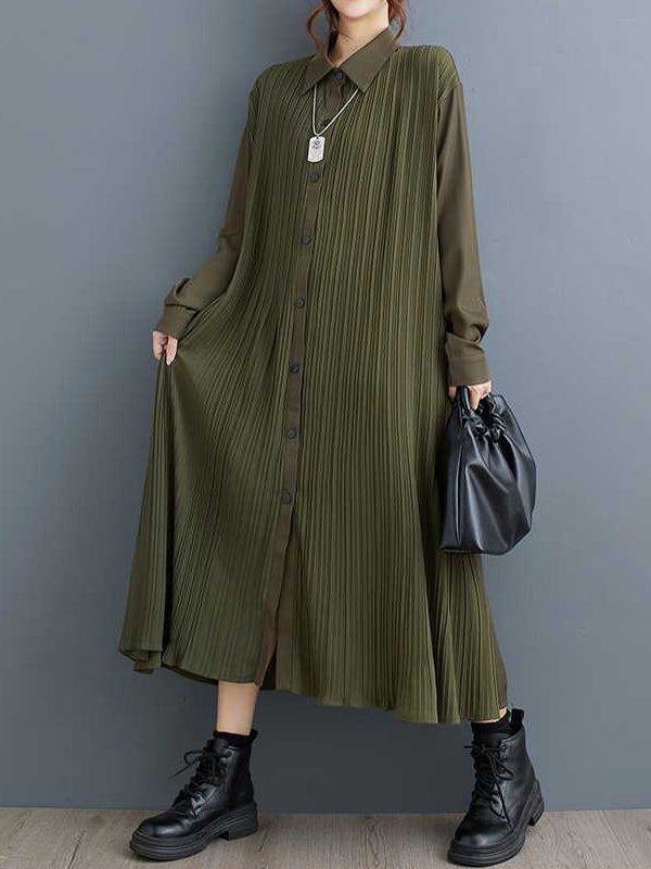 Stylish Army Green Lapel Buttoned Pleated Pockets Long Sleeves Shirt Dress WS001 shopify