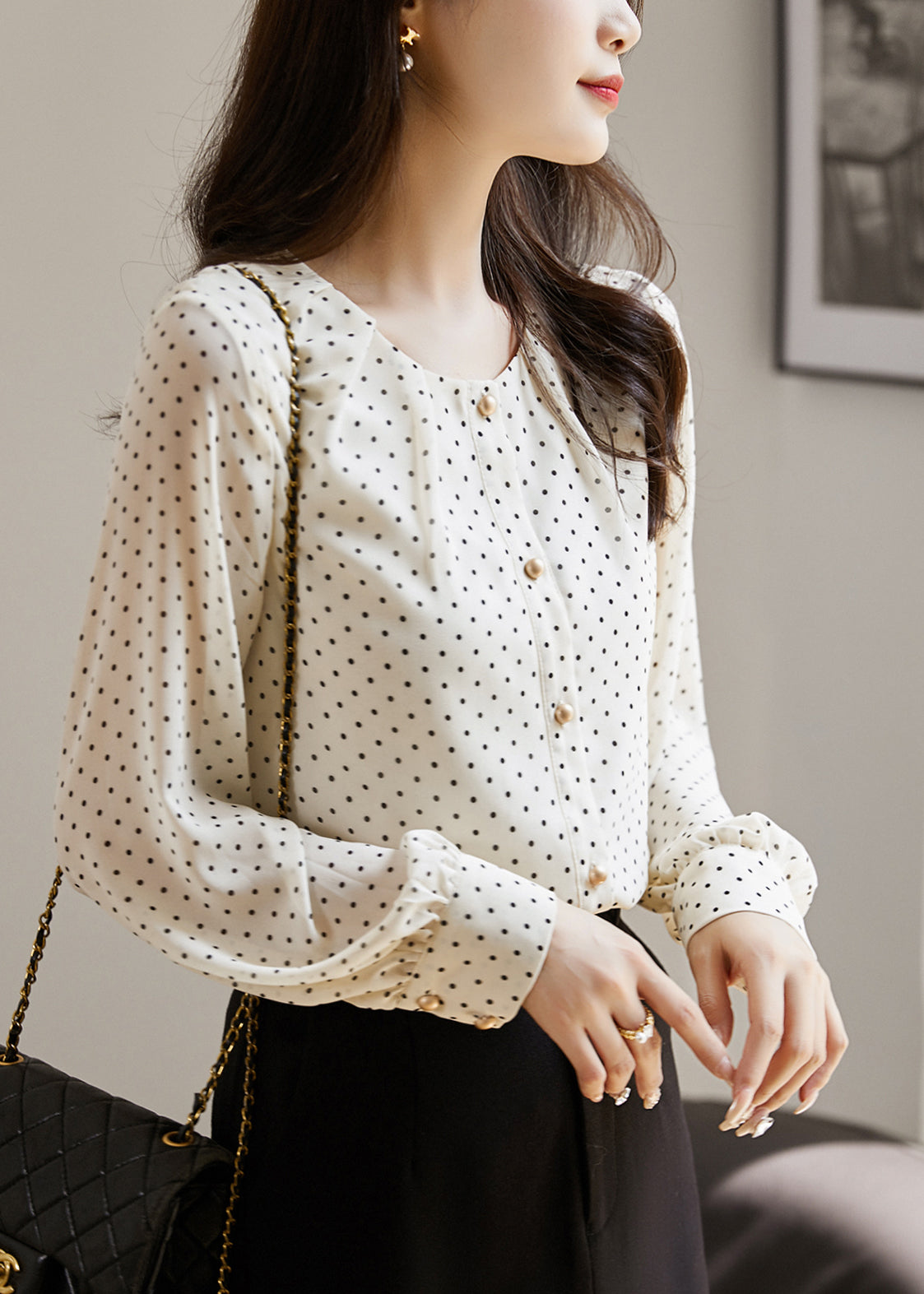 French Beige Print Wrinkled Button Shirt Fall QP012 OL-LTP241001