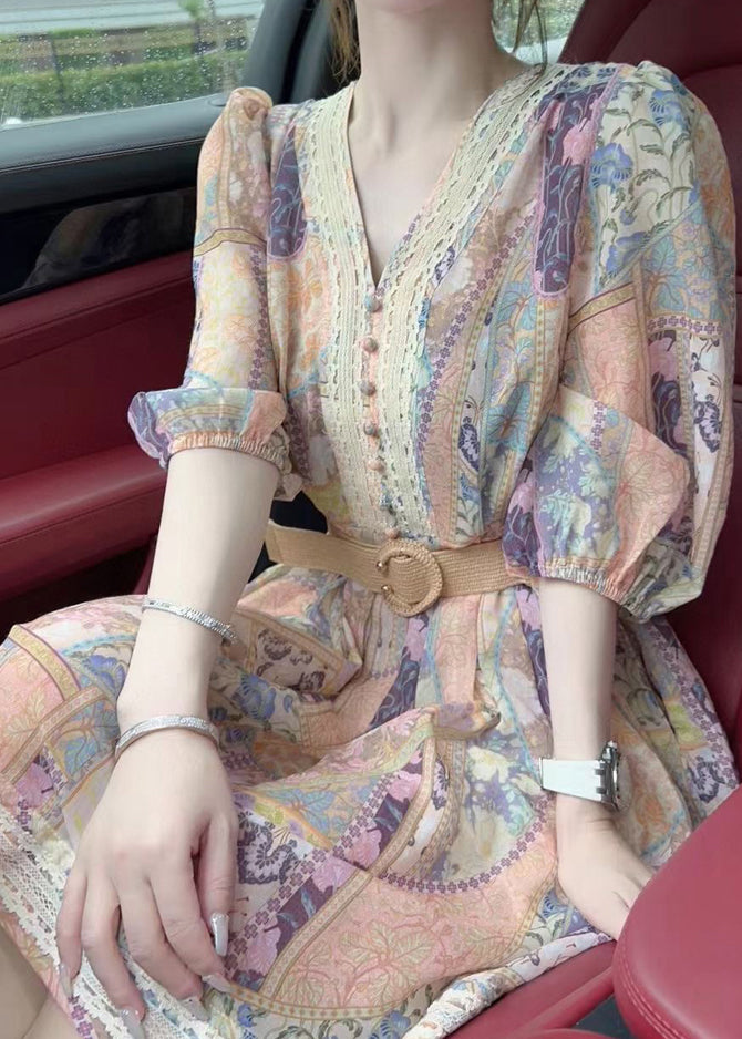 Chic V Neck Print Sashes Mid Dress Half Sleeve QP054 OL-SDM241001