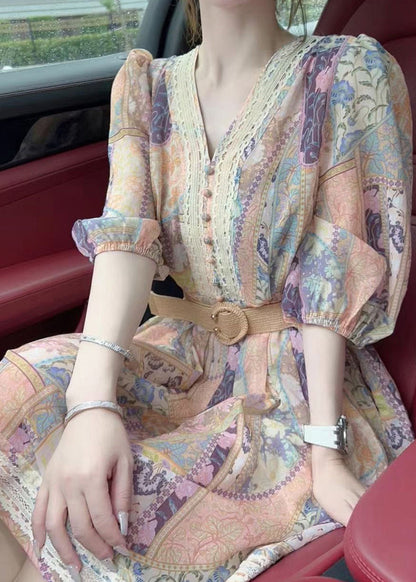 Chic V Neck Print Sashes Mid Dress Half Sleeve QP054 OL-SDM241001