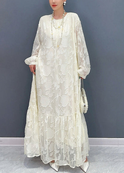 Loose White O Neck Print Tie Waist Maxi Dresses Fall AR1036 JDML-240823