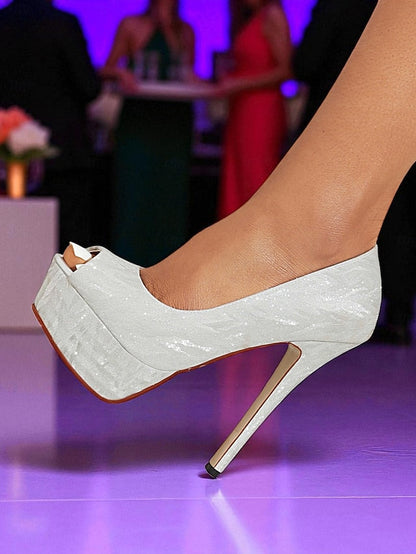 Silver Pattern Women's Heels Platform Subtle with Peep-Toe FashionChic
