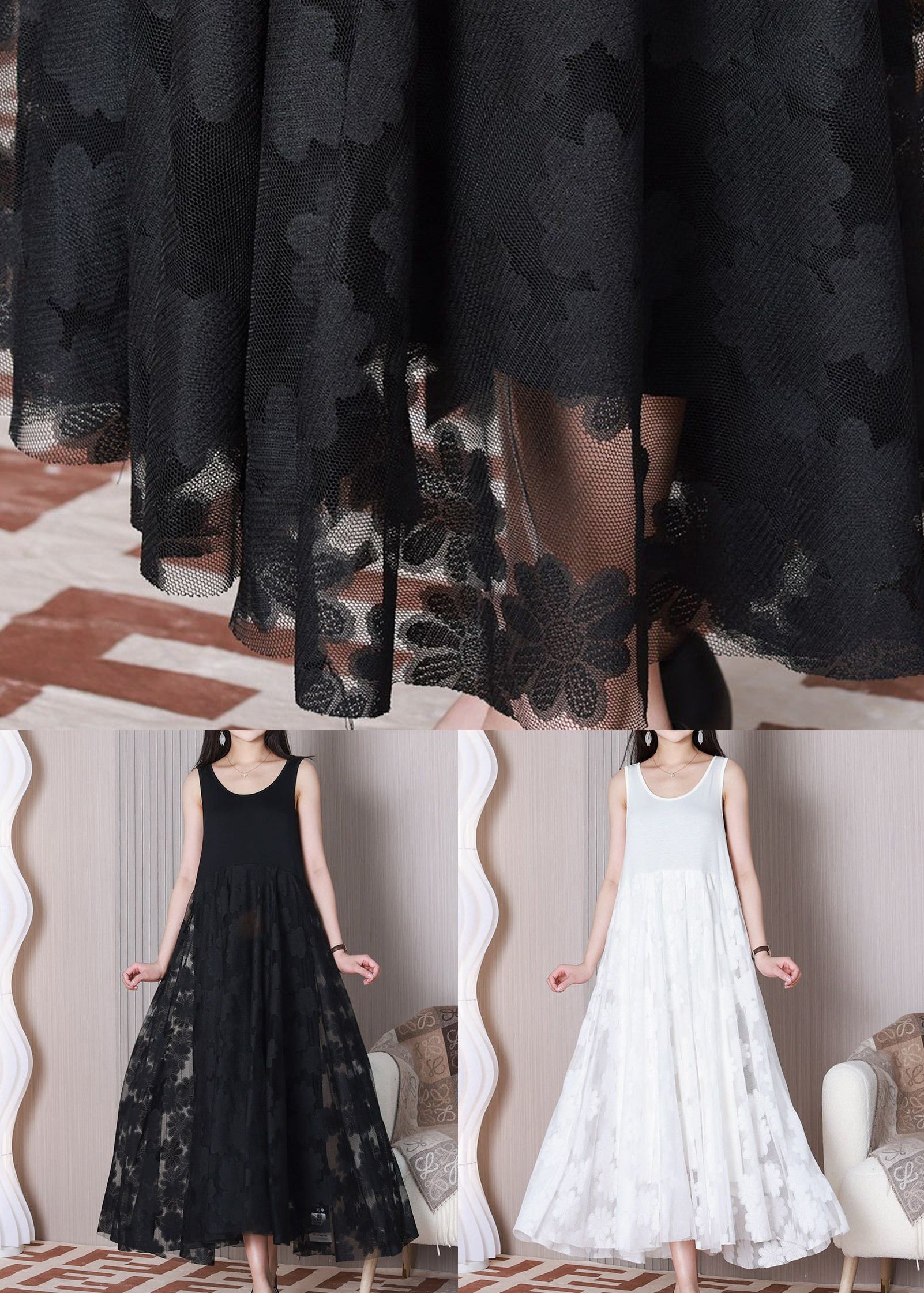 Women Black O Neck Patchwork Cotton Dresses Sleeveless TT1024 shopify