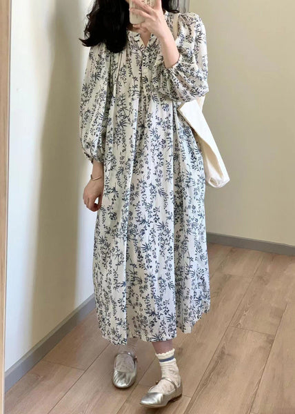 Elegant Button Print Tie Waist Cotton Long Dress Summer QP057 OL-SDL241001