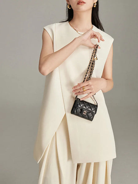 Modern Sleeveless Slit Tunic Top Hem O-neck Cream FashionChic