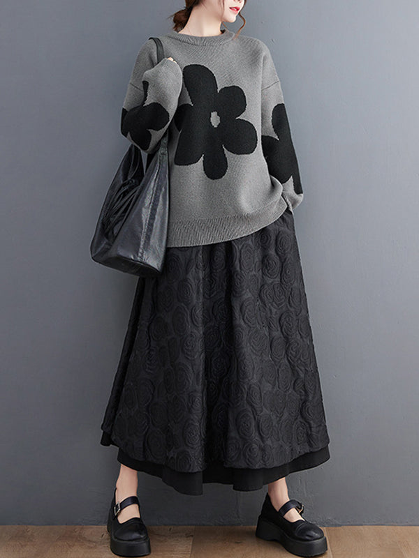 Cute Loose Black Round-Neck Contrast Color Flower Long Sleeve Sweater AN1070 Genistyle Shop
