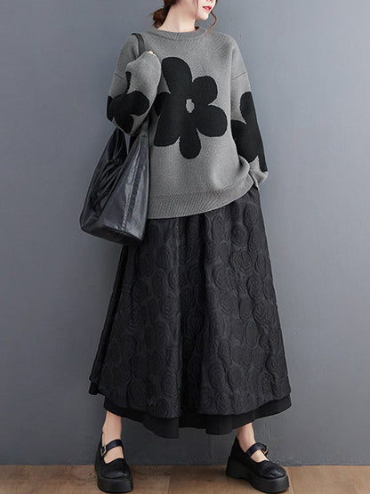 Cute Loose Black Round-Neck Contrast Color Flower Long Sleeve Sweater AN1070 Genistyle Shop