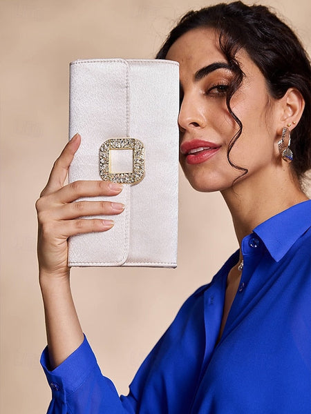 Elegant Buckle Rhinestone Women's Satin - White Clutch with FashionChic