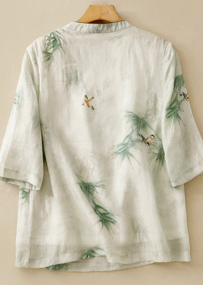 Grace Green Stand Collar Embroidered Linen Shirt Top Summer QR024 GSK-240929