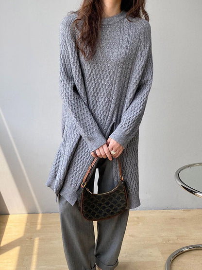 Retro Oatmeal Round-Neck Split-Side Long Sleeve Twist Knit Sweater AN1045 Genistyle Shop