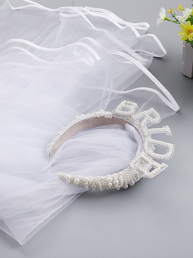 – with Pearl-Embellished Headband Veil 'BRIDE' FashionChic