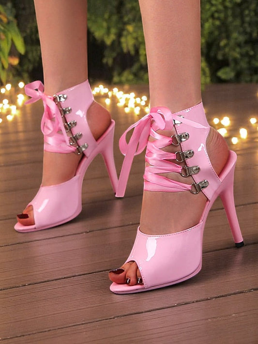 Patent Stiletto Lace-Up Cutout Women's Sandals - Sexy Black FashionChic