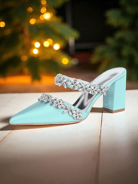 with Heel Mules Satin Floral Block Women's Black Rhinestone FashionChic