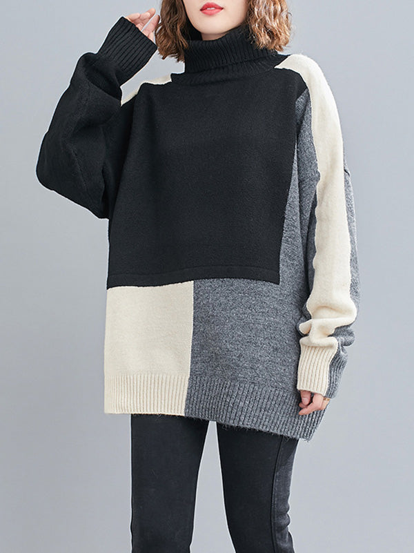 Stylish Grey High-Neck Color-block Long Sleeve Knit Sweater AN1043 Genistyle Shop