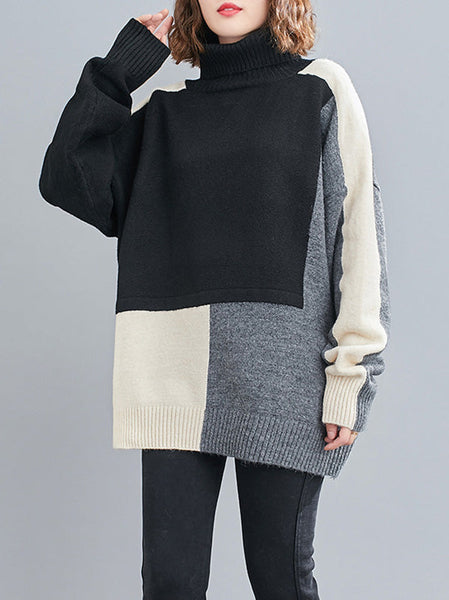 Stylish Grey High-Neck Color-block Long Sleeve Knit Sweater AN1043 Genistyle Shop