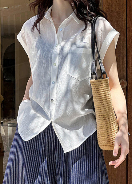 White Pockets Silk Cotton Blouses Peter Pan Collar Short Sleeve AF1003 HS-STP240914