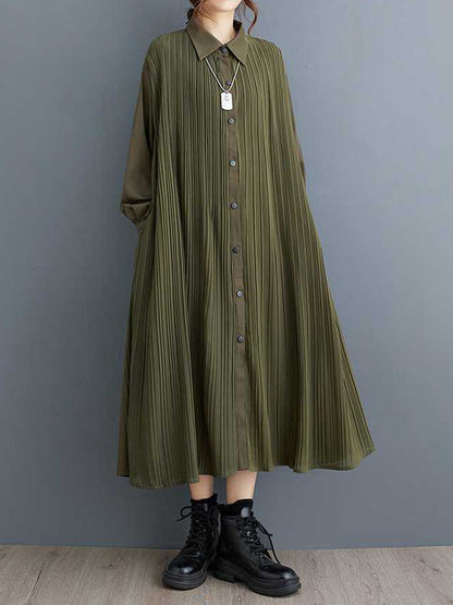 Stylish Army Green Lapel Buttoned Pleated Pockets Long Sleeves Shirt Dress WS001 shopify