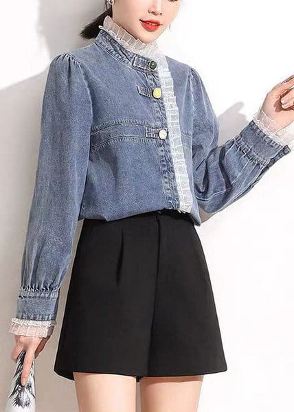 French Blue Stand Collar Asymmetrical Patchwork Lace Cotton Denim Coats Long Sleeve AJ1005 shopify