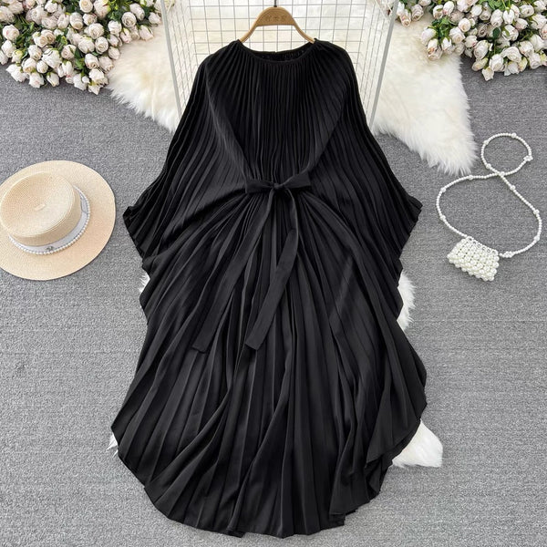 Elegant Round Neck Green Batwing Sleeve Lace-up Pleated Dress AZ1007 Genistyle Shop
