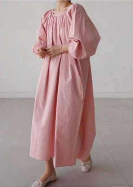 Dress wrinkled O-Neck Pink Maxi Quarter Three Cotton sleeve FashionChic