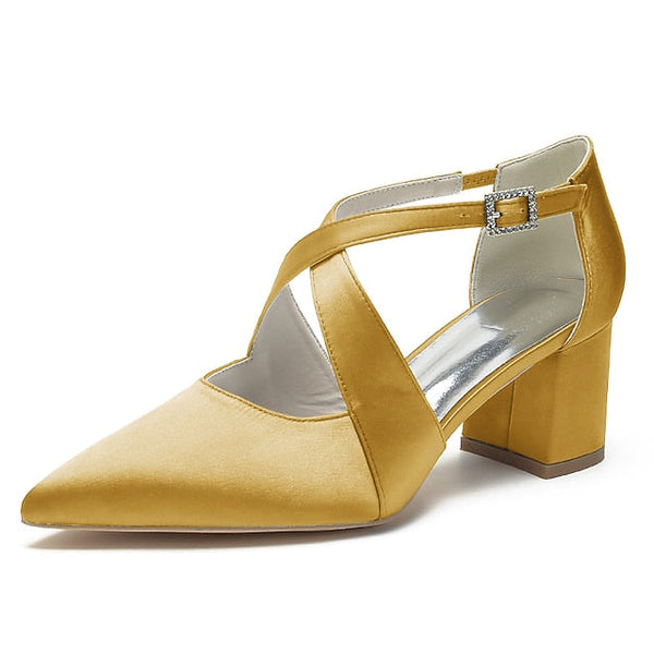 Heels White Pointed Satin Toe Block Women's – Elegant FashionChic