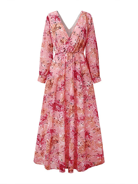 Women's Swing Dress Maxi long Dress Pink Long Sleeve Floral