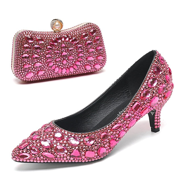 Matching Kitten Crystal-Embellished and Heel Shoes Women's FashionChic