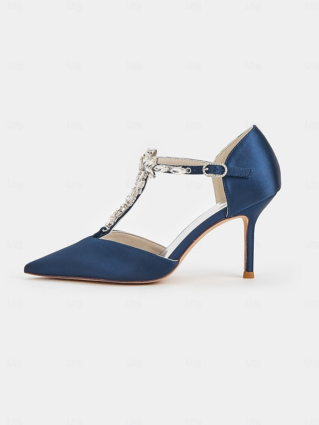 Heels Satin Blue Navy Toe – Pointed Women's T-Strap FashionChic