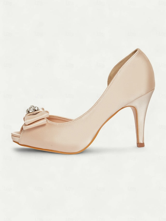 Champagne Satin Bow Women's Peep and Toe Heels with FashionChic