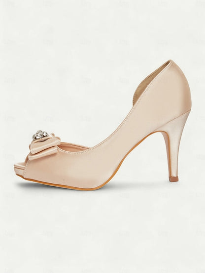 Champagne Satin Bow Women's Peep and Toe Heels with FashionChic