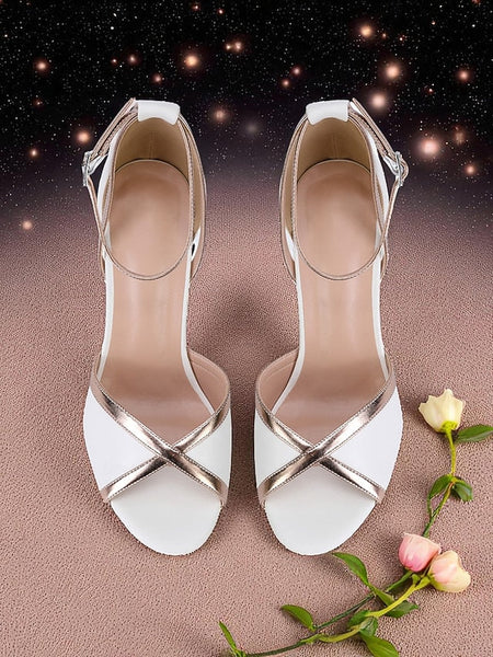 Metallic Sandals with Women's Ankle Heel White Strap Block FashionChic