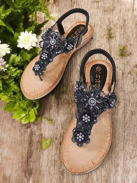 – Lace Women's Embellished Pink Floral Sandals T-Strap FashionChic