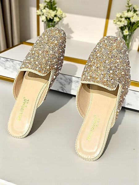 - and Women's Pink Pearl Mules Rhinestone Embellished FashionChic