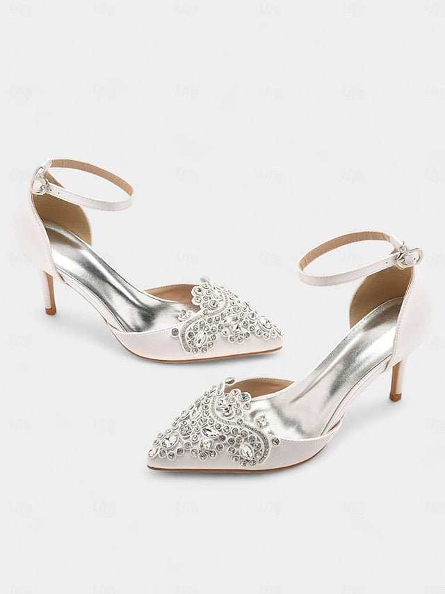 Pointed Women's Satin – Heels Ankle Green Emerald Strap FashionChic
