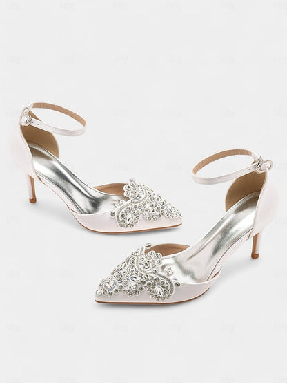 Pointed Women's Satin – Heels Ankle Green Emerald Strap FashionChic