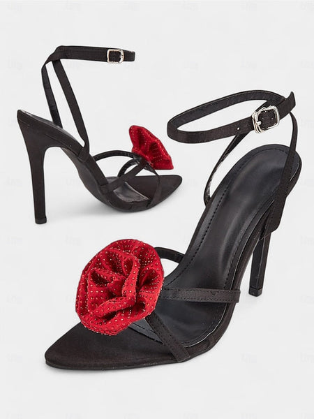 - with Chic Heel Embellishments Black Red Sandals High Floral FashionChic