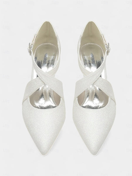 Glitter Heels Cross with Kitten White Strap Rhinestone Buckle FashionChic