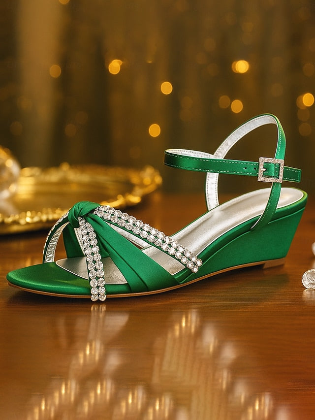 Knot Women's Rhinestone Wedge - Green Dress Satin Sandals FashionChic