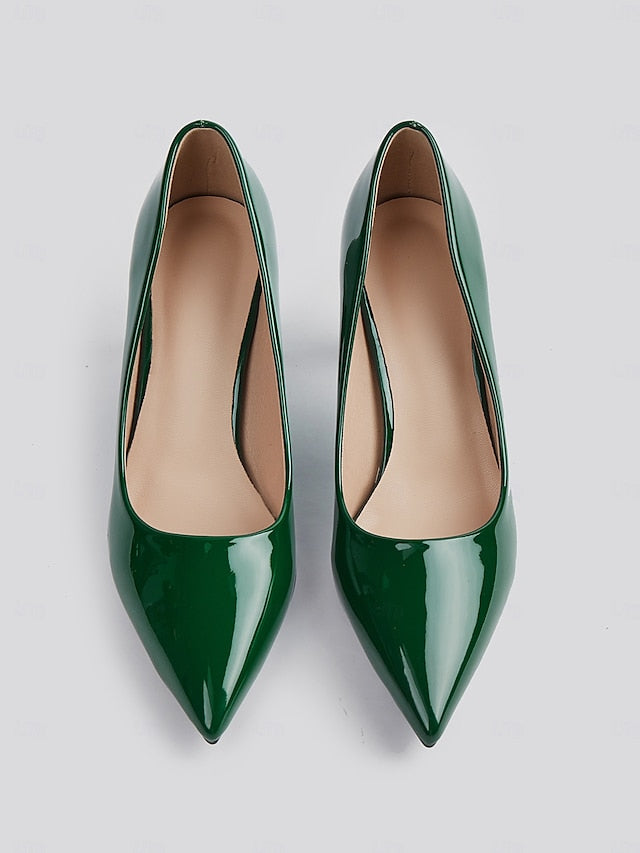 Pointed-Toe Glossy Patent Leather Heel Green Pumps Faux Block FashionChic