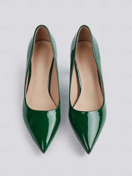 Pointed-Toe Glossy Patent Leather Heel Green Pumps Faux Block FashionChic