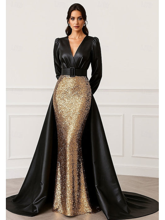Black A-Line Wedding Evening Formal Gold Elegant Gown Dress FashionChic
