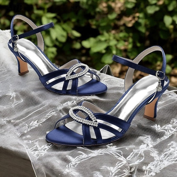 Women's Satin Dark Blue Heels Strappy with Rhinestone FashionChic