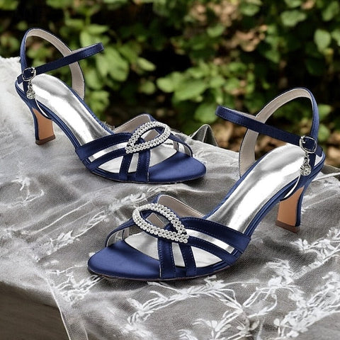 Women's Satin Dark Blue Heels Strappy with Rhinestone FashionChic