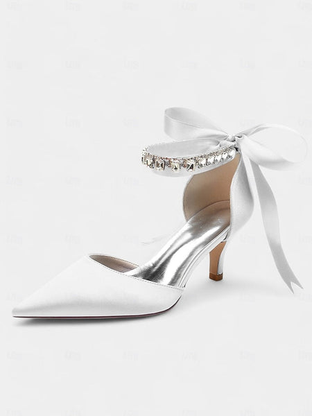 Ankle Blue Pointed-Kitten Strap Heels Satin and with Rhinestone FashionChic